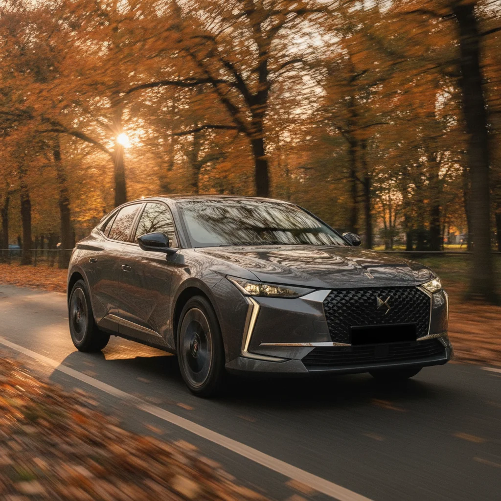 DS N°4 E-Tense in Fahrt auf einer Allee mit Herbstlaub, jetzt verkaufen bei Aampere