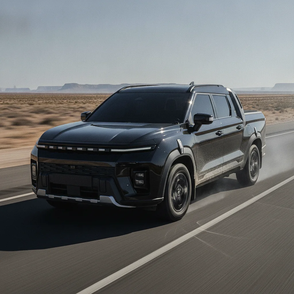 KGM Musso EV in Fahrt auf einem Wüsten-Highway, jetzt verkaufen bei Aampere