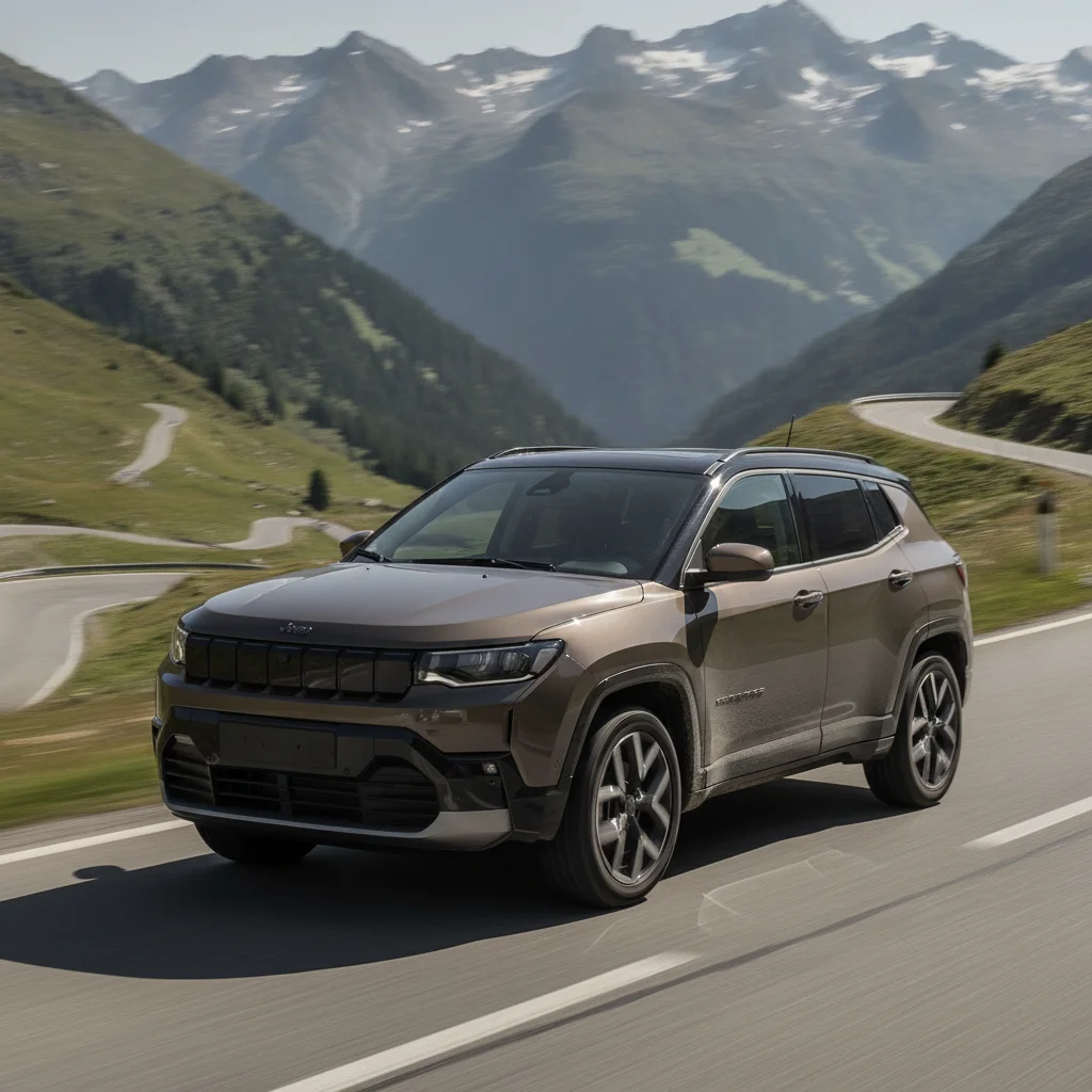 Jeep Compass Elektro in Fahrt auf einer Bergstraße, jetzt verkaufen bei Aampere