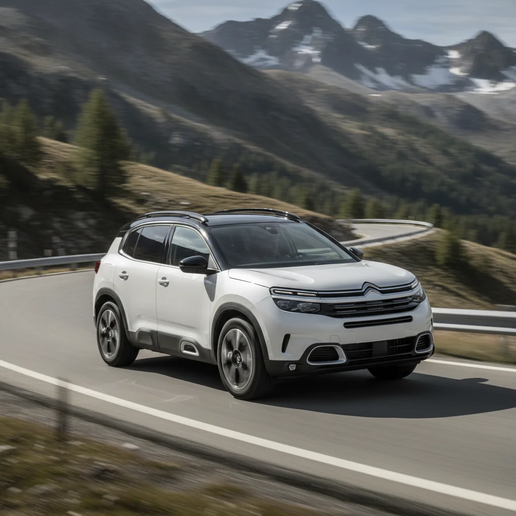 Citroën C5 Aircross Electric in Fahrt auf einer Bergpass-Serpentine, jetzt verkaufen bei Aampere
