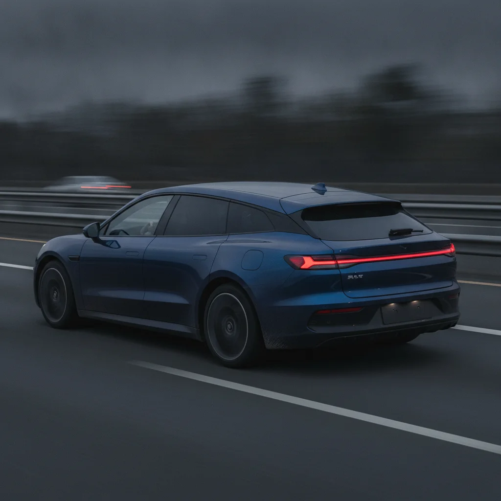 Zeekr 7GT in Fahrt auf einer Autobahn in der Abenddämmerung, jetzt verkaufen bei Aampere