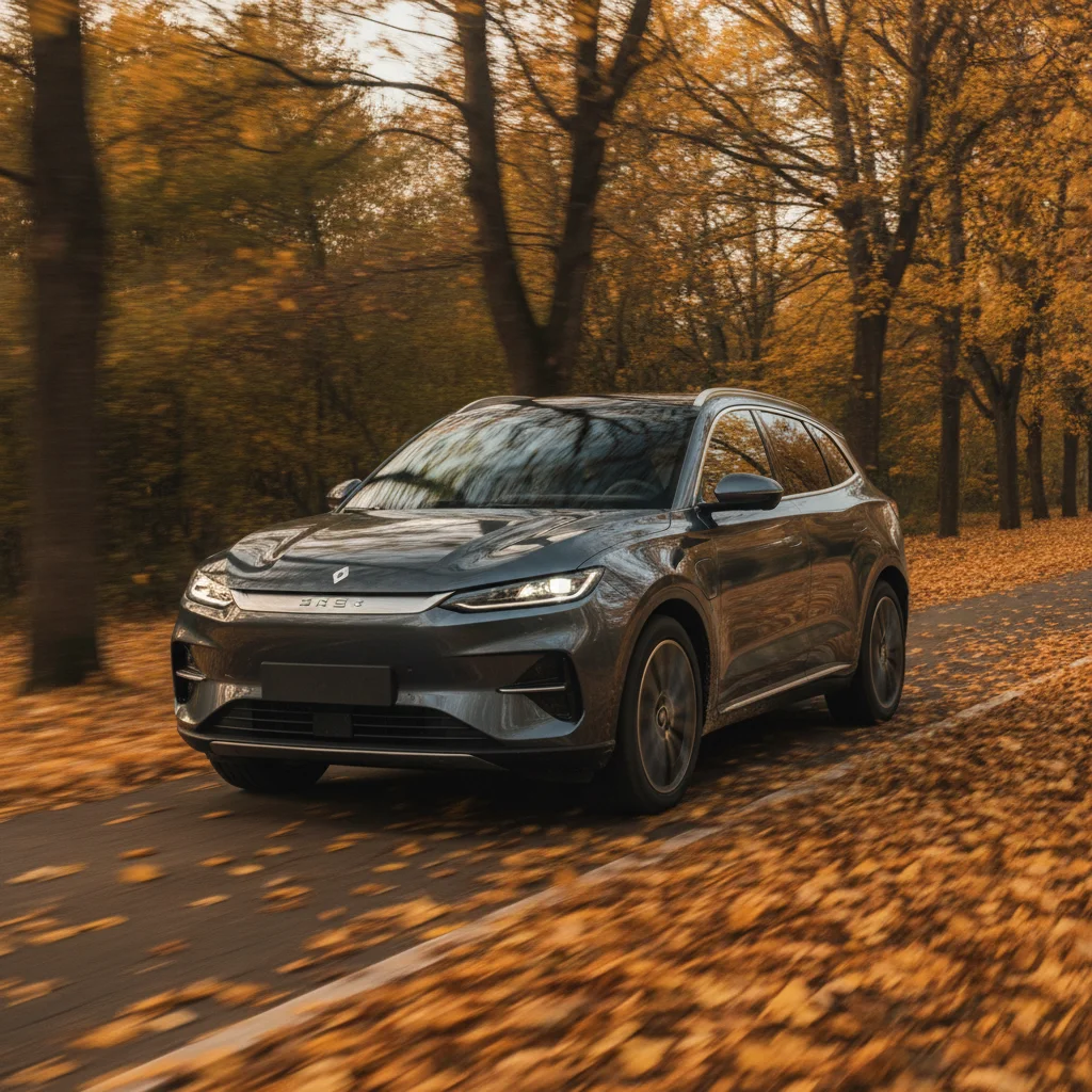Seres 5 in Fahrt auf einer Allee im Herbstlaub, jetzt verkaufen bei Aampere