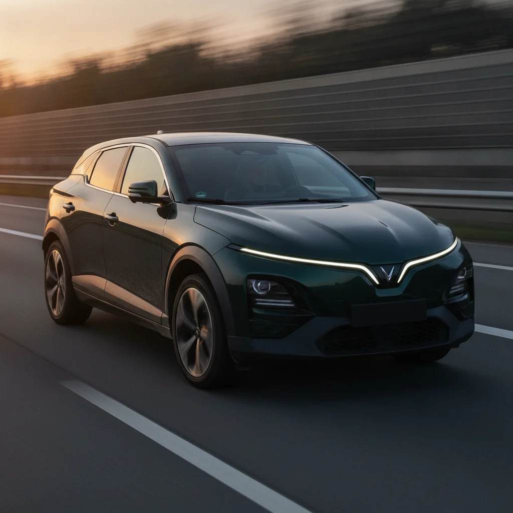 VinFast VF6 in Fahrt auf der Autobahn in der Abenddämmerung, jetzt verkaufen bei Aampere