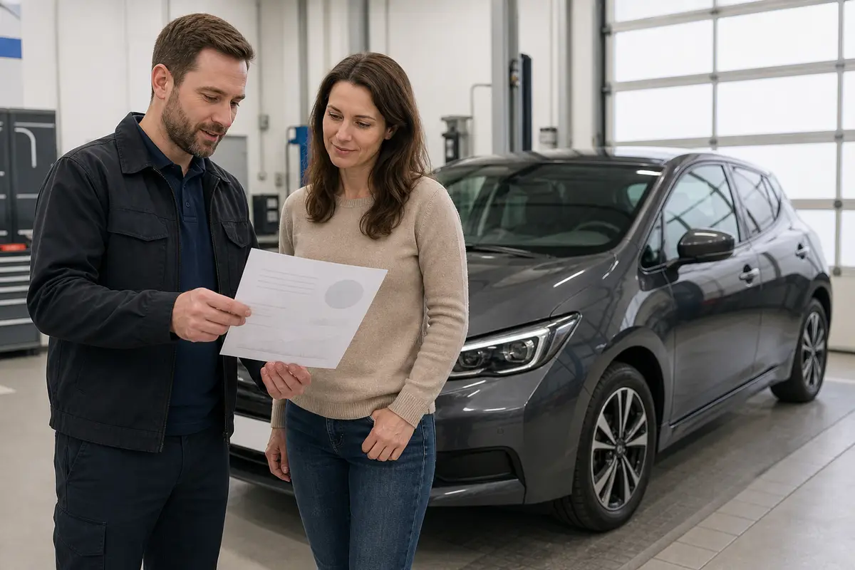 Werkstattmitarbeiter erklärt einer Frau den Prüfbericht vor einem grauen Elektroauto.