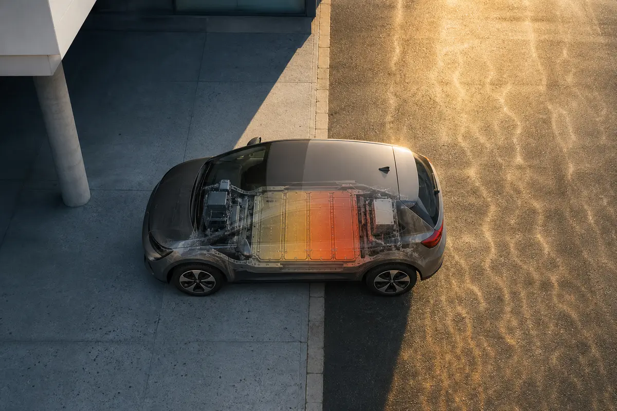 Zwei kompakte Elektroautos im Seitenprofil mit sichtbar dargestellten Batteriemodulen im Fahrzeugboden.