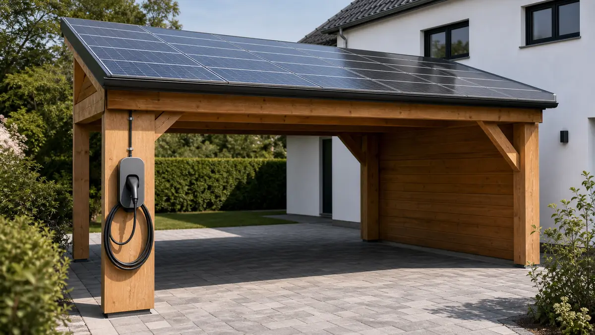 Solarcarport mit Photovoltaikmodulen und Wallbox an einem Wohnhaus.