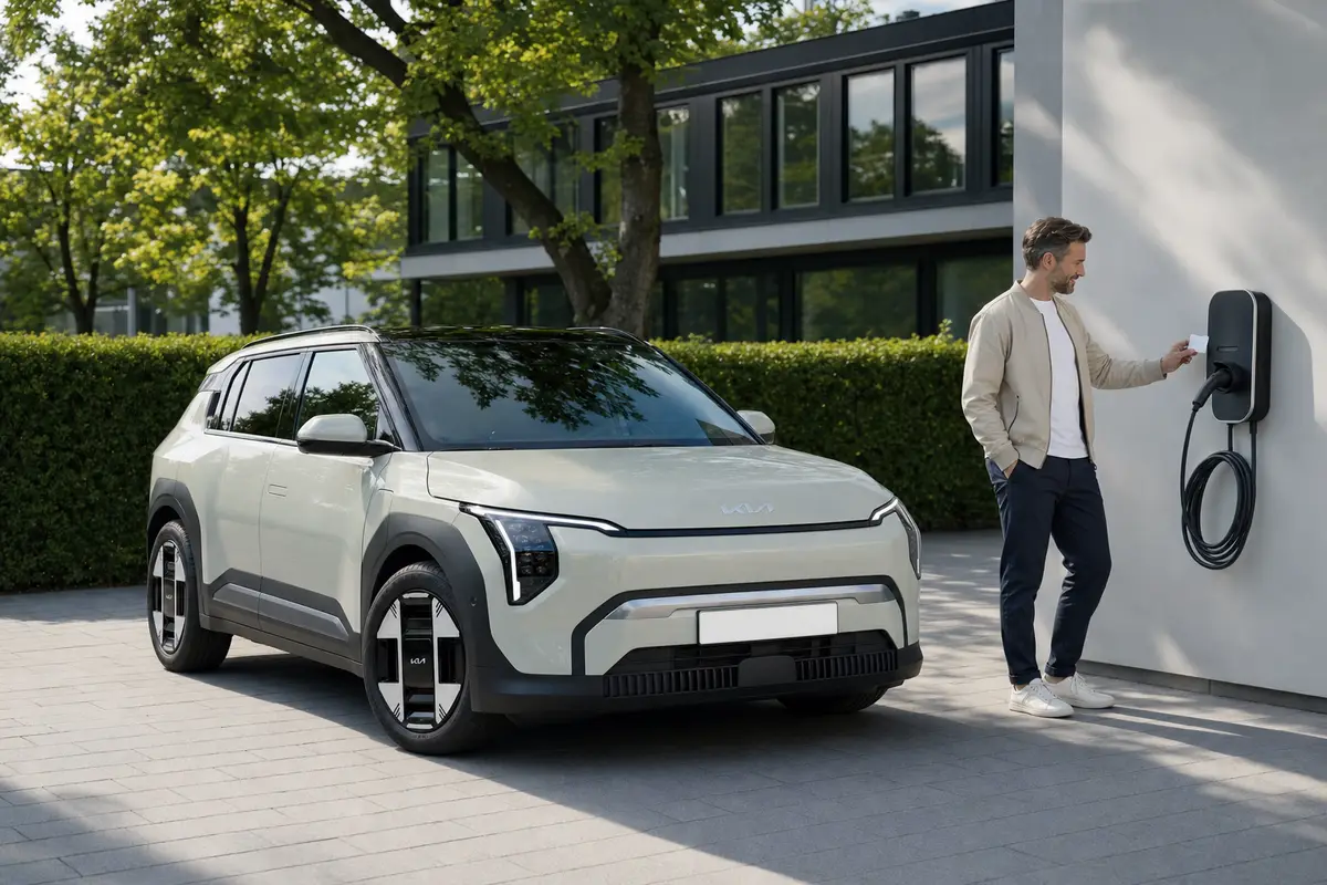 Kia EV3 vor einem Bürogebäude, während ein Mann eine Zugangskarte an eine Wallbox hält.