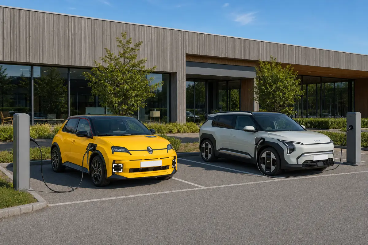 Renault 5 E-Tech und Kia EV3 beim Laden vor einem modernen Geschäft.