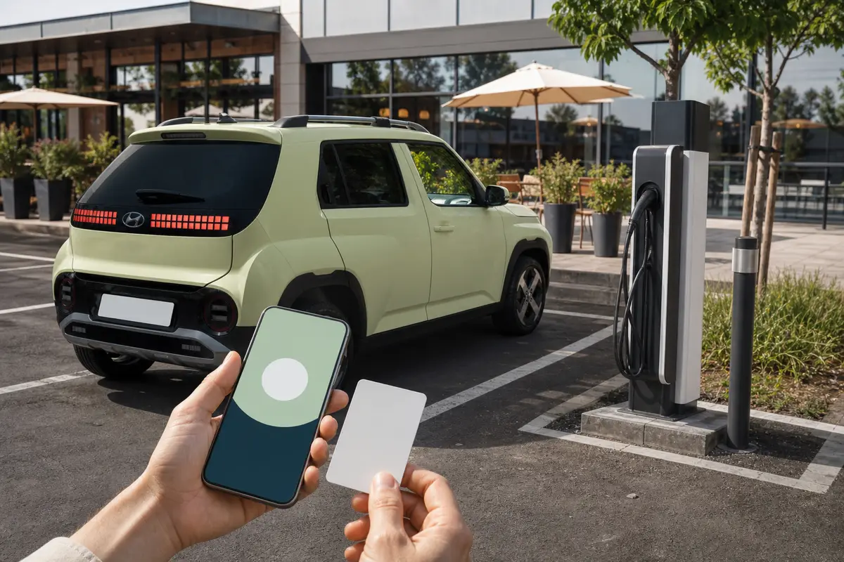 Hyundai Inster an einer Ladesäule, davor ein Smartphone und eine weiße Zugangskarte.