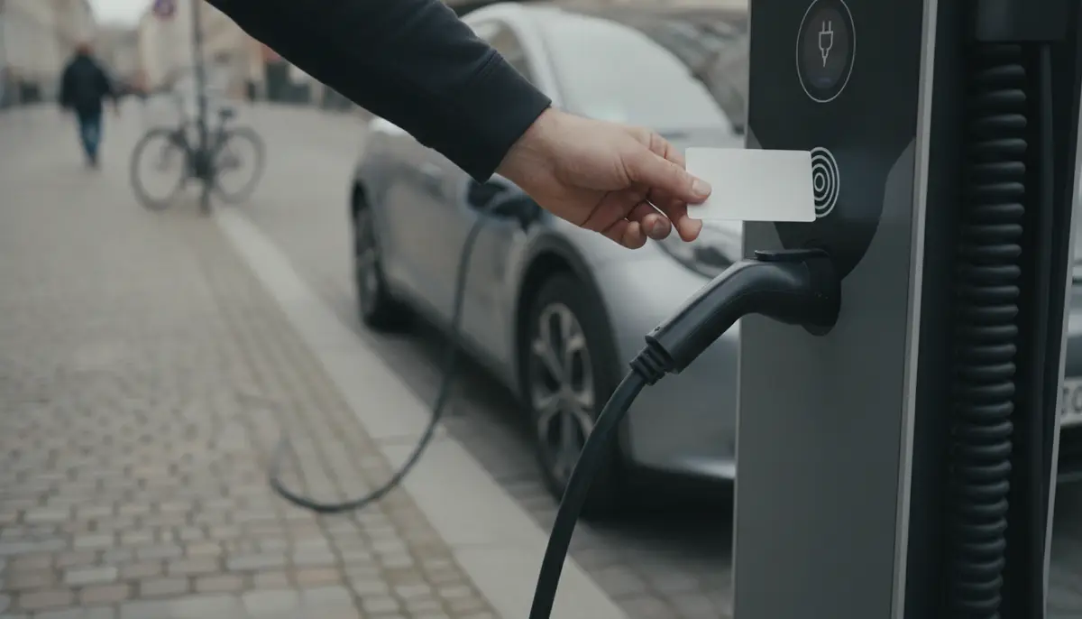 Person hält eine weiße Ladekarte an das kontaktlose Lesegerät einer öffentlichen E-Auto-Ladesäule