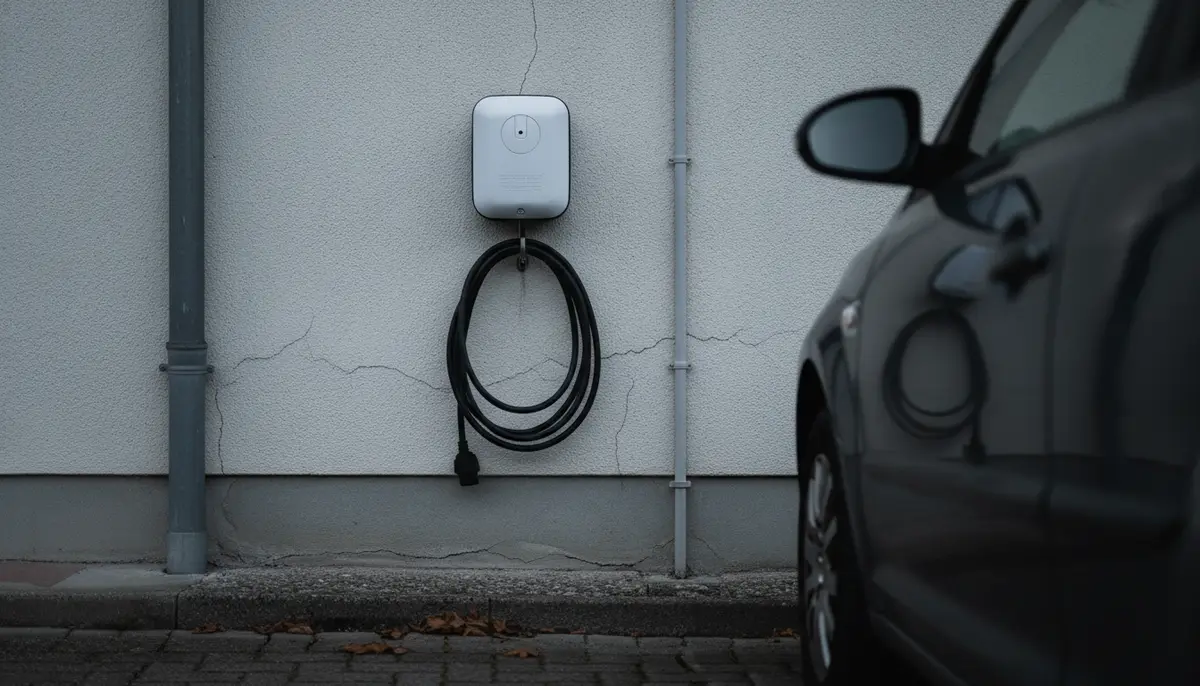 Wandmontierte Wallbox an der Hauswand eines Einfamilienhauses, Thema Wallbox-Förderung