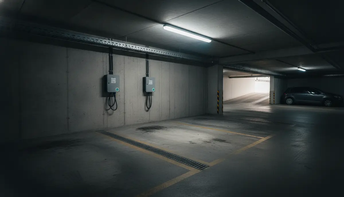 Zwei Ladepunkte an der Betonwand einer Tiefgarage im Mehrparteienhaus