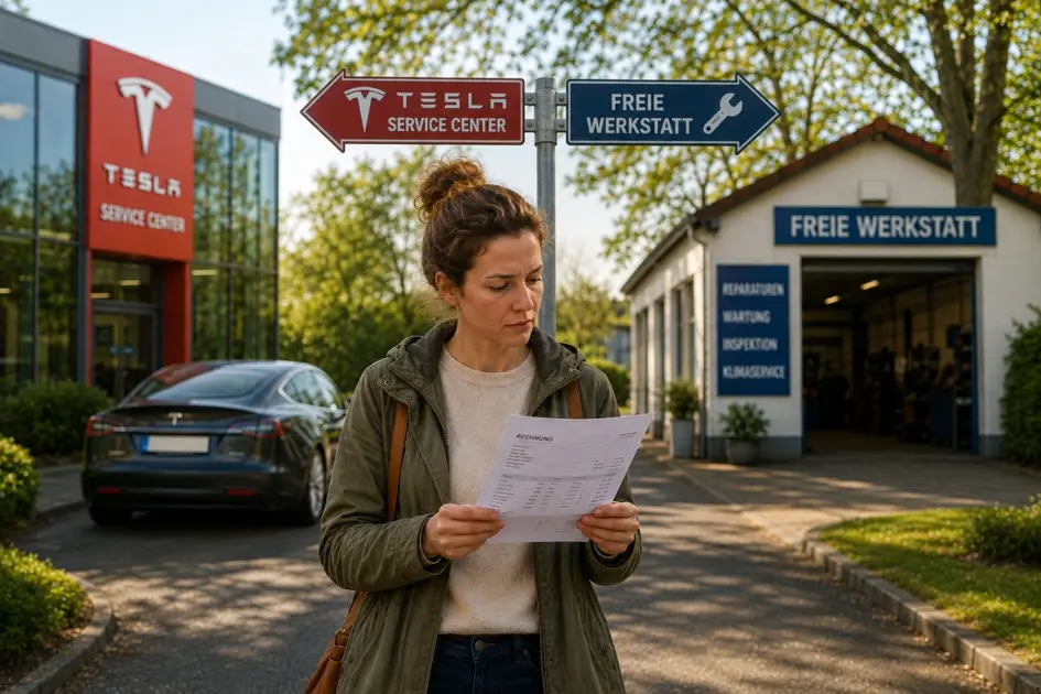Frau mit Rechnung steht vor einem Tesla Service Center und einer freien Werkstatt (KI-generiert)