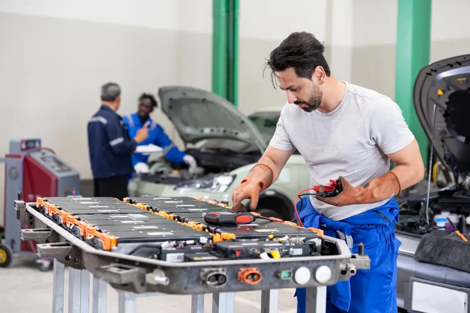 Mechaniker in einer Werkstatt arbeitet an einer Elektroauto-Batterie