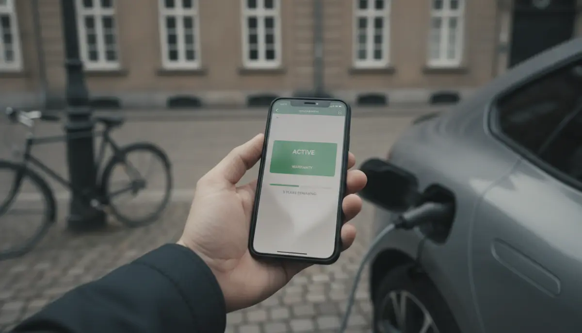 Hand hält Smartphone mit aktivem Garantiestatus neben einem ladenden Elektroauto