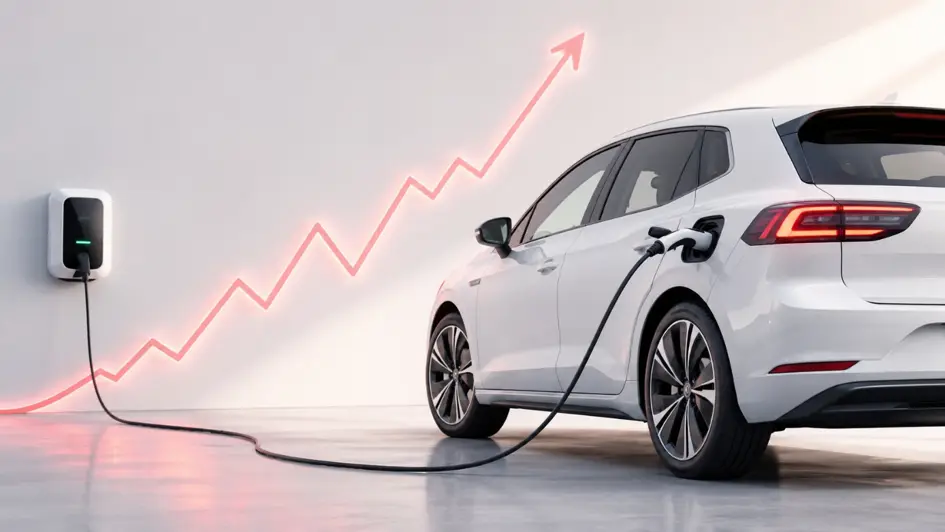 Ein weißes Elektroauto steht an einer Ladesäule vor einer steigenden Preiskurve (KI-generiert)