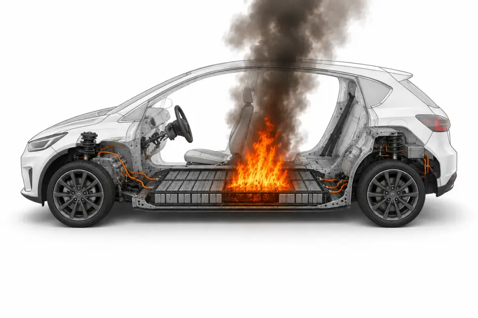 Elektroauto mit brennendem Akku als technische Ansicht mit Bauteilen