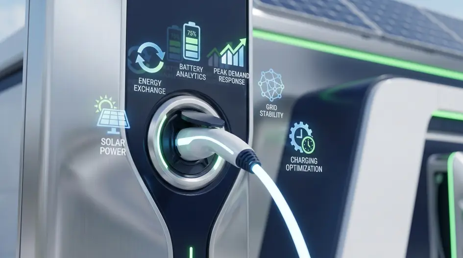 Vehicle-to-Grid (V2G) Ladestation mit Smart Management Interface (KI-generiert)