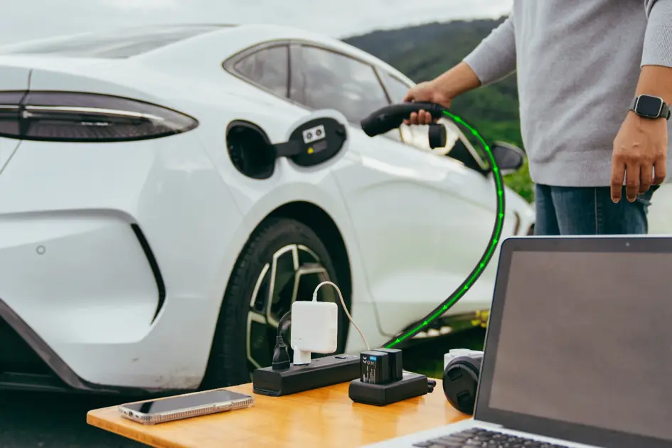 Vehicle to Load (V2L) mit einem Elektroauto und einer Steckdosenleiste für Ladekabel und Laptop