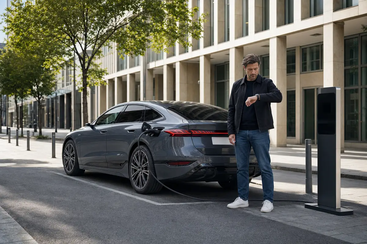 Mann blickt neben einem ladenden Audi A6 Sportback e-tron an einer städtischen Ladesäule auf seine Armbanduhr. (KI-generiert)