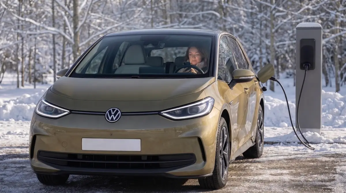 Frau blickt durch die Frontscheibe eines VW ID.3 auf ihr Smartphone, während das Auto an einem verschneiten Ladeplatz steht. (KI-generiert)