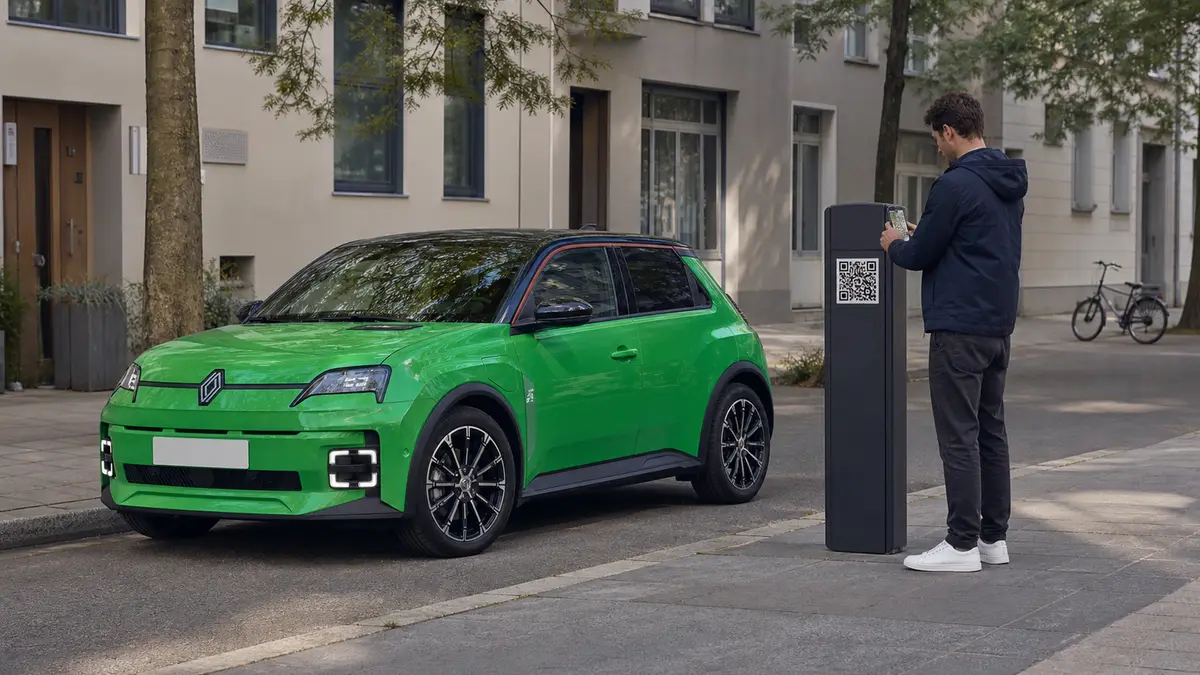 Ein grüner Renault 5 E-Tech lädt an einer Straßen-Ladesäule, während ein Mann den QR-Code an der Säule mit dem Smartphone scannt.