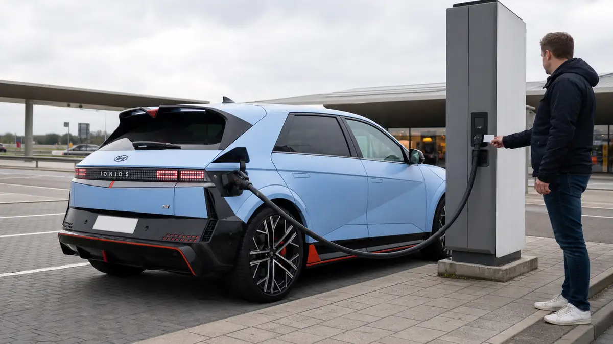 Ein Mann hält seine Karte an das Kartenterminal einer Ladesäule, während daneben ein hellblauer Hyundai Ioniq 5 N lädt.