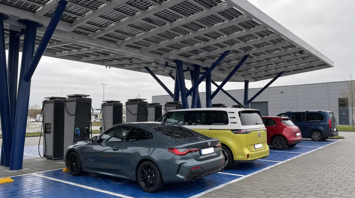 Ladepark unter einem Solardach: ein BMW und ein VW ID. Buzz stehen mit weiteren Elektroautos an Gleichstrom-Ladesäulen.