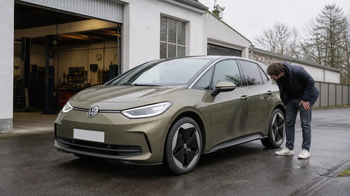 Ein Interessent prüft einen gebrauchten VW ID.3 auf einem Werkstatthof. (KI-generiert)