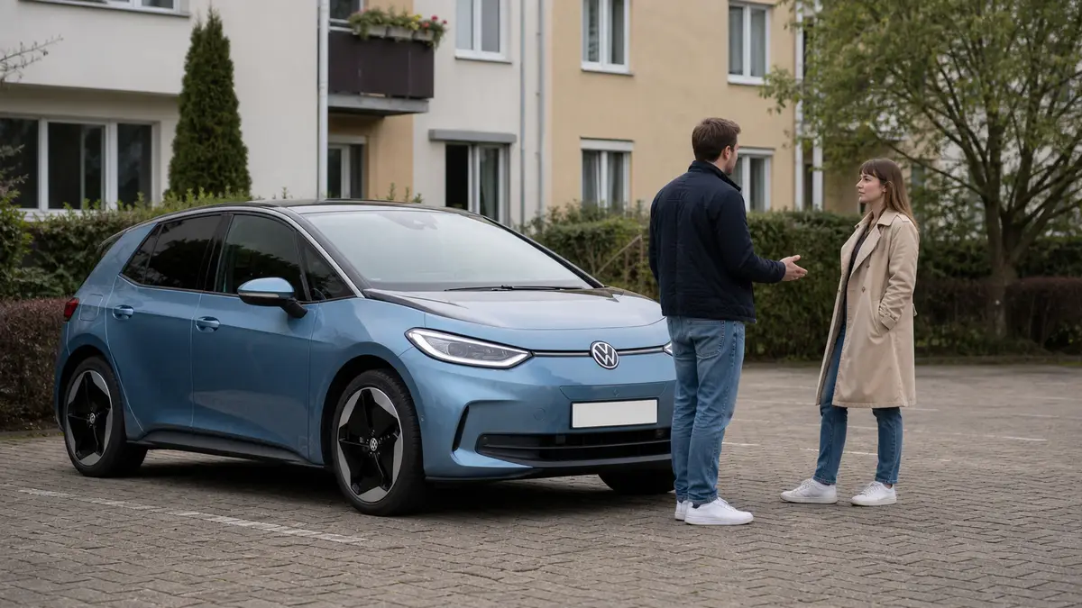 Käufer und Verkäufer verhandeln vor einem gebrauchten VW ID.3. (KI-generiert)