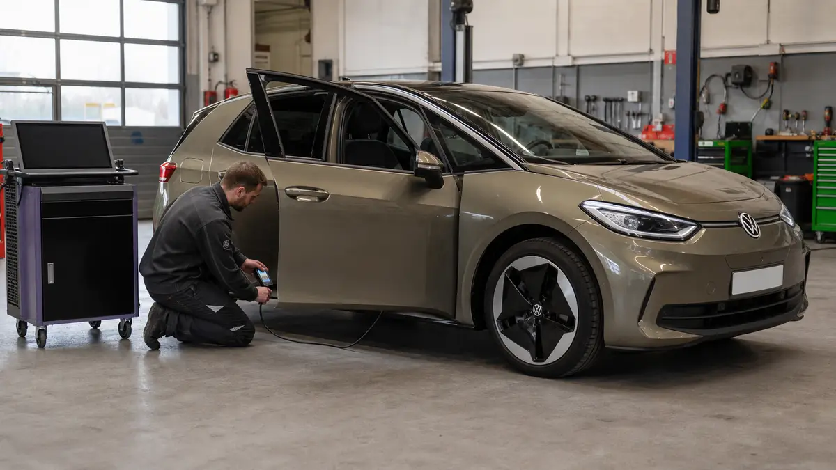 Ein Techniker bereitet an der geöffneten Fahrertür eines VW ID.3 einen Batteriezustandstest vor. (KI-generiert)