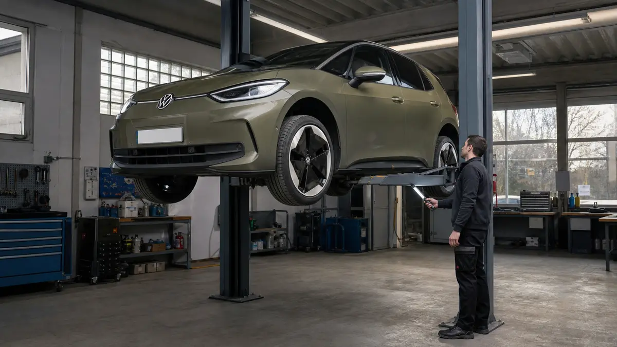 Eine Fachperson kontrolliert den geschlossenen Unterboden eines angehobenen VW ID.3. (KI-generiert)