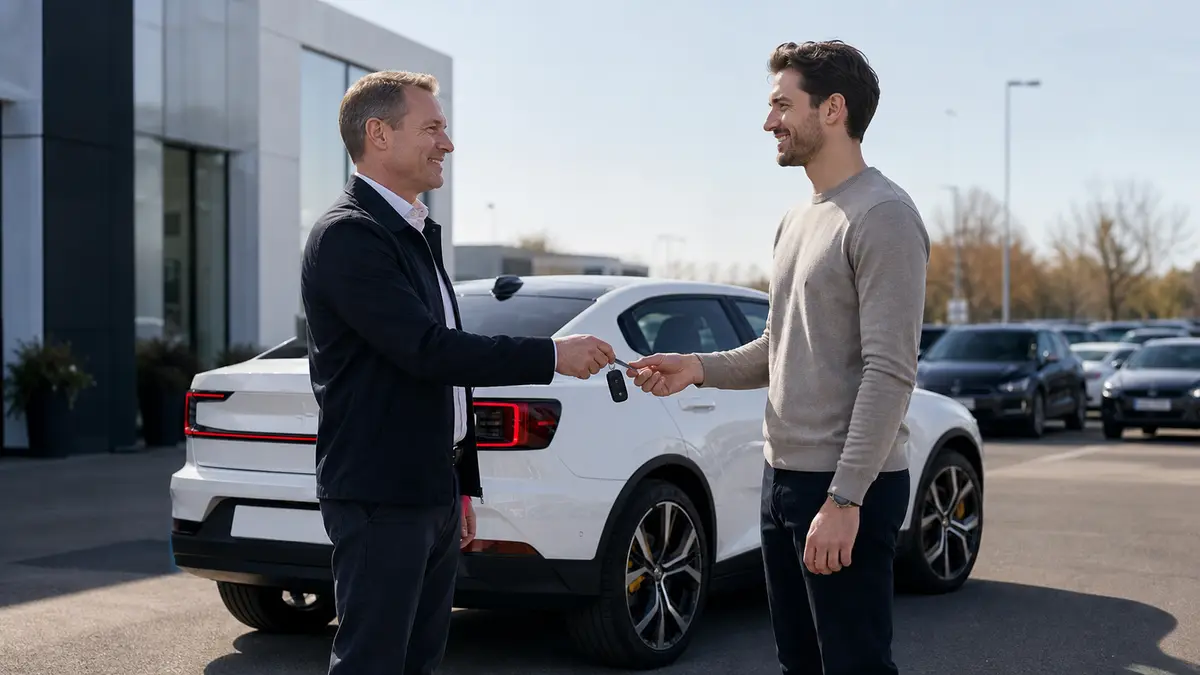Ein Käufer übergibt einem Händler vor einem weißen Polestar 2 den Autoschlüssel. (KI-generiert)
