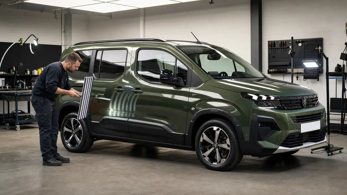 Ein Mitarbeiter kontrolliert den Lack eines Peugeot E-Rifter mit einem Zebra-Reflexionsbrett. (KI-generiert)