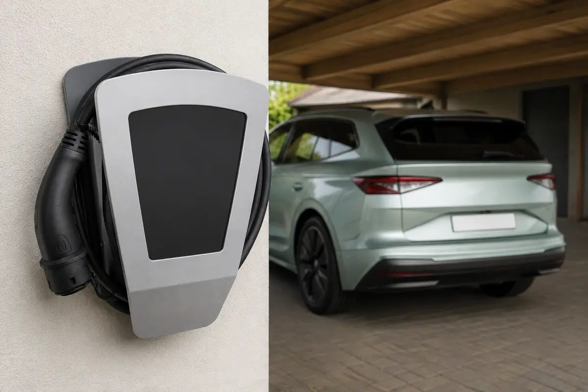 Eine Wallbox mit aufgewickeltem Ladekabel hängt neben einem hellgrünen Škoda Enyaq unter einem Carport. (KI-generiert)