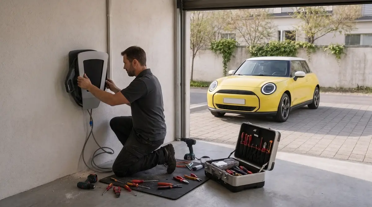 Ein Mann steht neben einer Wallbox in einer offenen Garage, vor der ein gelber Mini Cooper parkt. (KI-generiert)