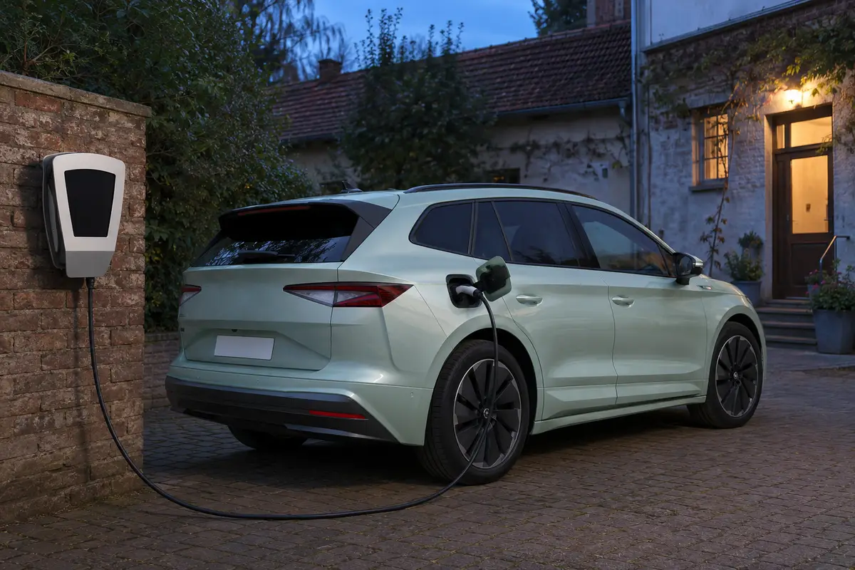 Ein hellgrüner Škoda Enyaq lädt bei Dämmerung an einer Wallbox an einer Backsteinmauer. (KI-generiert)