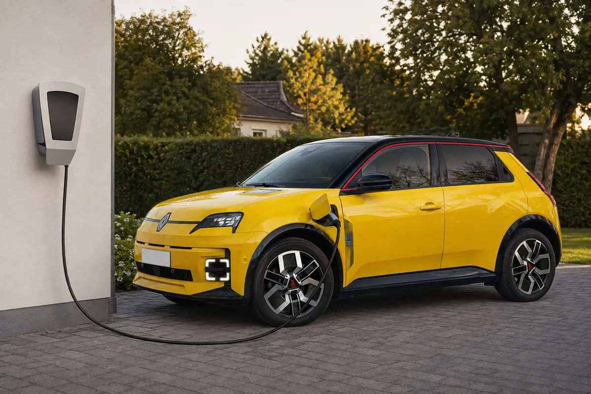 Ein gelber Renault 5 E-Tech lädt an einer Wallbox auf einer gepflasterten Einfahrt vor einem Wohnhaus. (KI-generiert)