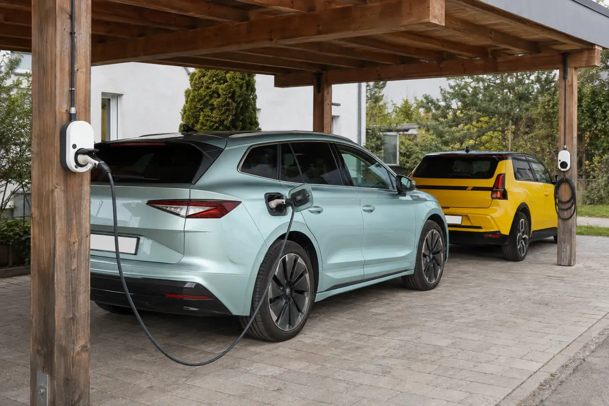 Unter einem hölzernen Carport stehen ein Škoda Enyaq und ein Renault 5 an Wallboxen, KI-generiert