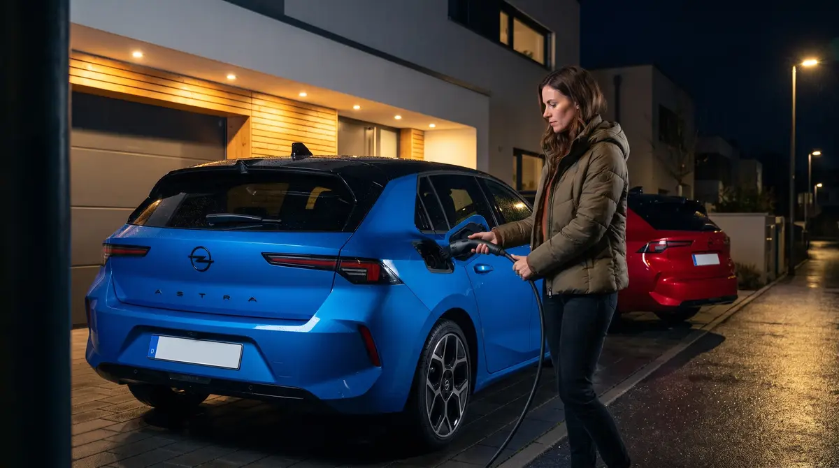 Eine Frau lädt einen Opel Astra in ihrer Einfahrt, KI-generiert