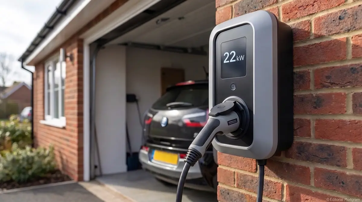 Eine 22 kW Wallbox an einer Garagenwand, KI-generiert