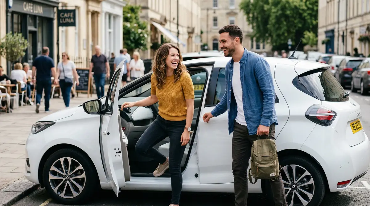 Paar steigt aus E-Auto aus