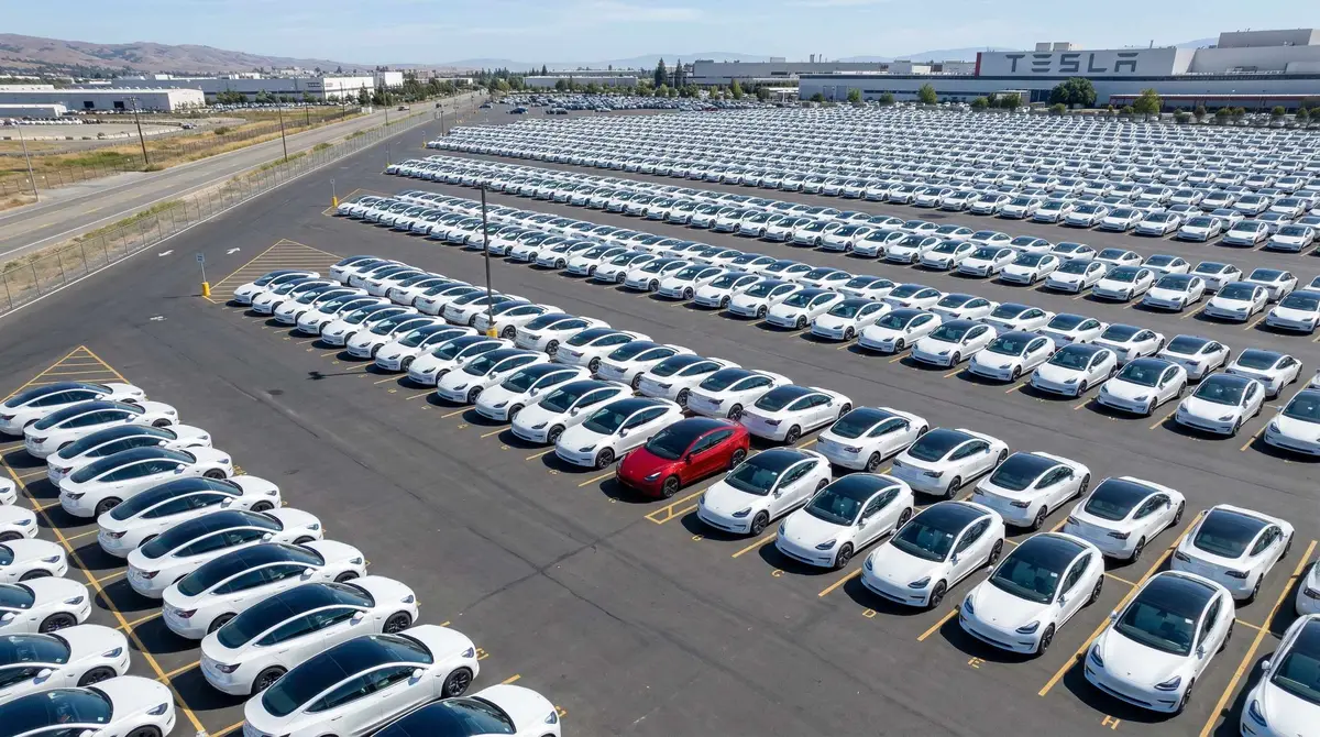 Parkplatz voll mit weißen Teslas und einem roten Tesla