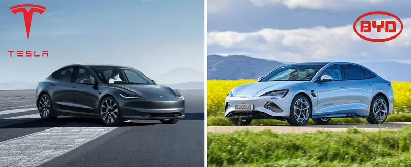 Das Tesla Model 3 Highland und der BYD Seal stehen sich gegenüber