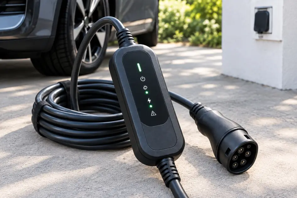 Eine mobile Wallbox mit aufgerolltem Kabel liegt vor einem Elektroauto und einer Steckdose (KI-generiert)