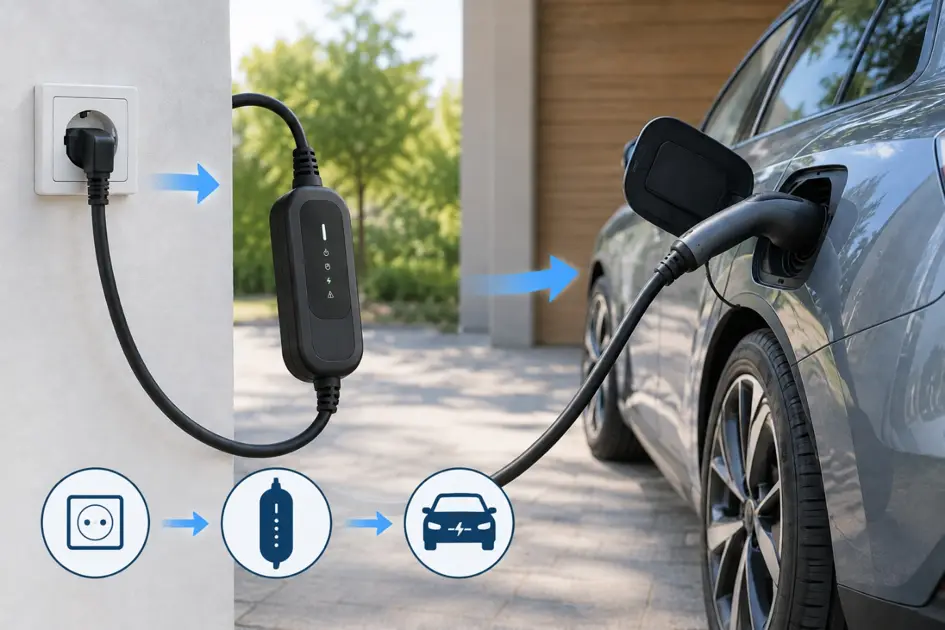 Darstellung einer mobilen Wallbox zwischen Steckdose und Elektroauto