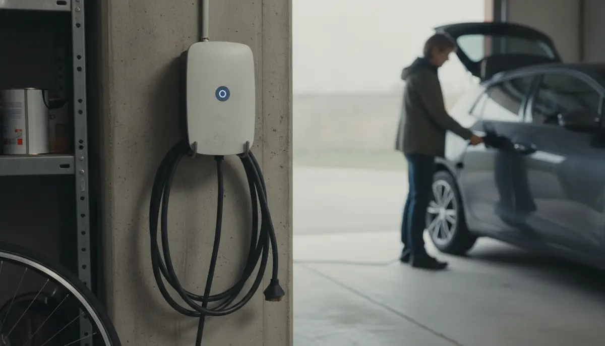 Wandmontierte Wallbox mit aufgehängtem Ladekabel in einer Garage, dahinter ein ladendes Elektroauto, KI-generiert