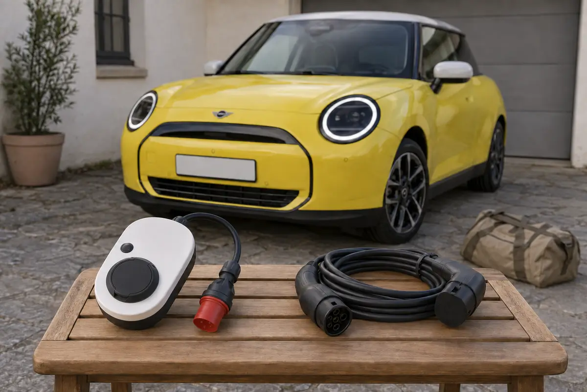 Im Vordergrund eine mobile Wallbox und ein Ladekabel, im Hintergrund ein gelber Mini, KI-generiert