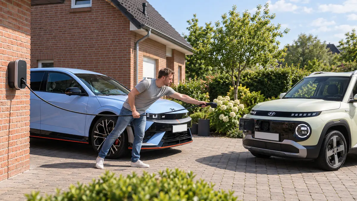 Ein Mann versucht einen Hyundai Inster zu laden, aber das Kabel ist zu kurz, KI-generiert