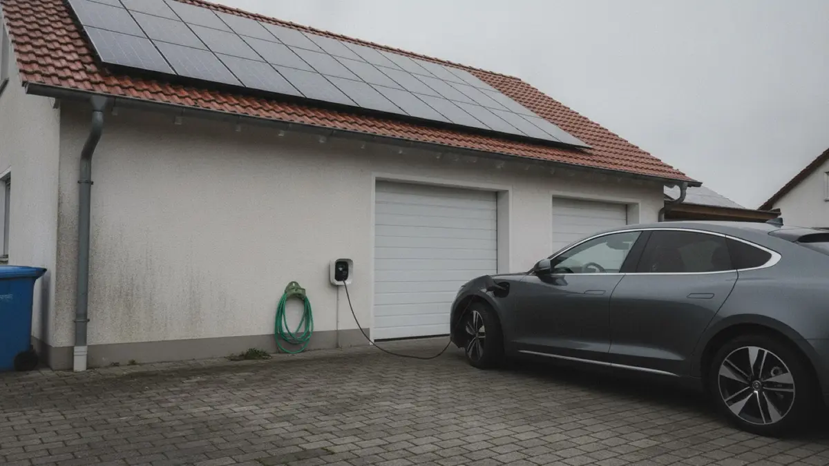 Elektroauto lädt in der Einfahrt eines Einfamilienhauses mit Photovoltaikanlage auf dem Dach